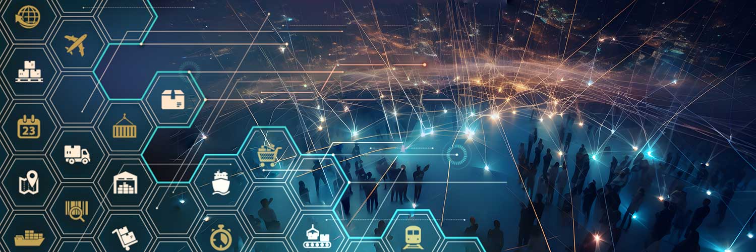 Logistics elements in hexagons with people in groups with technological background