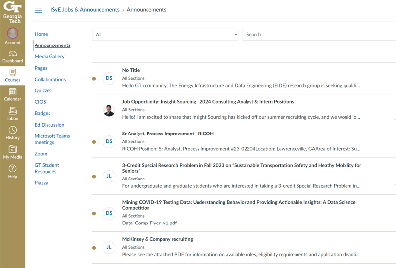 Screenshot of GT Canvas - ISyE Jobs and Announcements Board