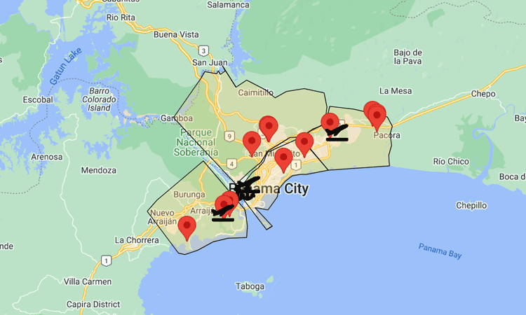 Google Map illustration of Panama City showing logistics locations