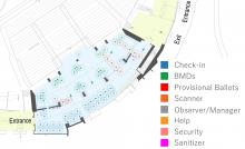 A map showing McCamish Pavilion with optimal equipment allocated for high voter turnout